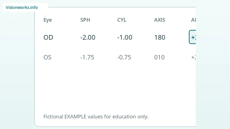 Educational eyeglasses prescription diagram highlighting ADD — Near addition