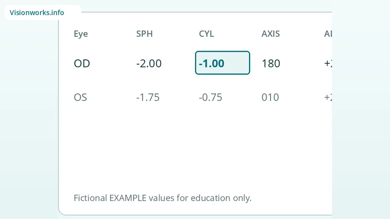 Educational eyeglasses prescription diagram highlighting CYL — Cylinder