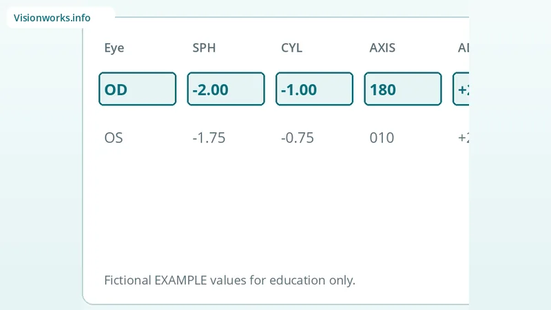 Educational eyeglasses prescription diagram highlighting How to read a glasses Rx