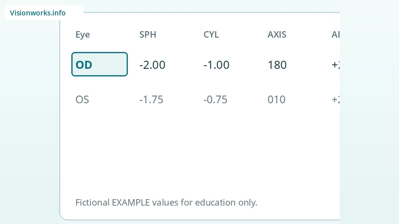 Educational eyeglasses prescription diagram highlighting OD — Right eye