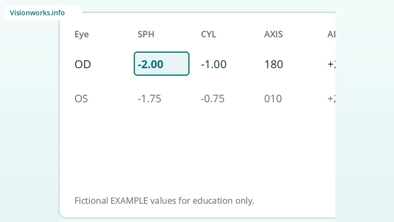 Educational eyeglasses prescription diagram highlighting PLANO / 0.00