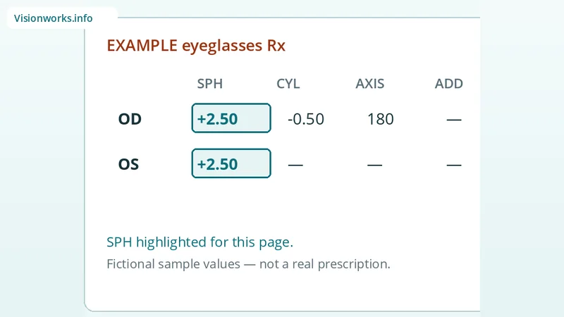 Example fictional eyeglasses prescription card highlighting sphere value +2.50 diopters