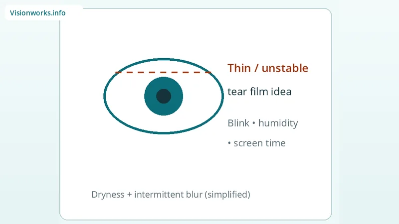 Eye diagram with dashed tear-film line illustrating dry eyes and blurry vision