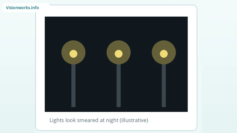 Streetlamps with smeared glow illustrating why lights are blurry at night