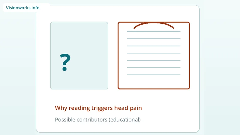 Question mark beside reading lines with tension arc asking why reading causes headaches