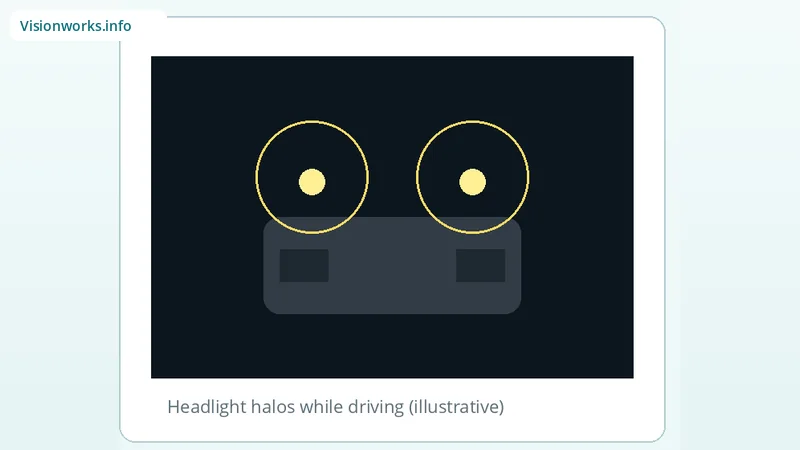 Car headlights with ring halos illustrating halos around headlights
