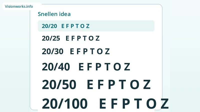 Educational diagram explaining 20/20 Snellen-style visual acuity and related notations